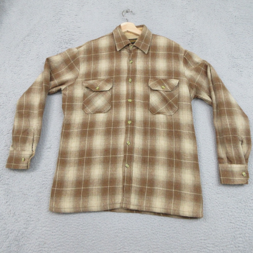 Vintage 80s Montgomery Ward Wool Blend Quilted Shirt Jacket Mens M Brown Plaid